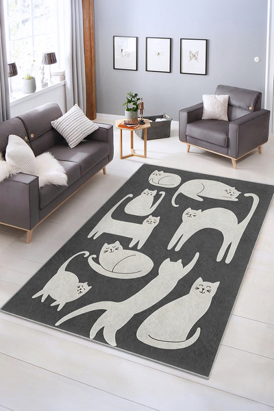 Realhomes Sevimli Kedi Desenli Yıkanabilir Kaymaz Taban Salon Halısı