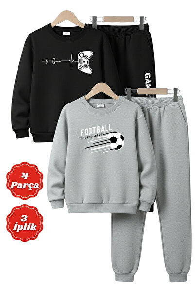 FYK KİDS 3-Ply Thick Round Neck Printed Detail Winter 4-Piece Boys' Tracksuit...