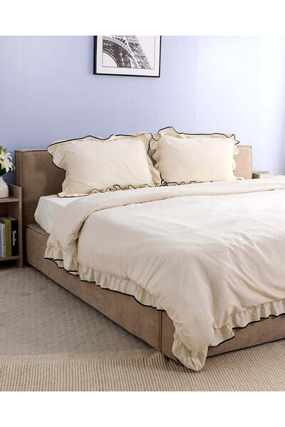 REDTAG طقم غطاء لحاف بيج مكون من 3 قطع مكشكش مع حواف متباينة - مقاس مزدوج