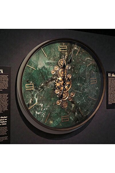 Kuzey Tacı Zümrüt Mermer Desenli Mekanik Dişli Detaylı Duvar Saati – Modern L...