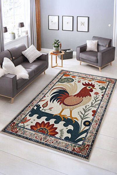 Realhomes Renkli Horoz Desenli Yıkanabilir Kaymaz Taban Salon Halısı