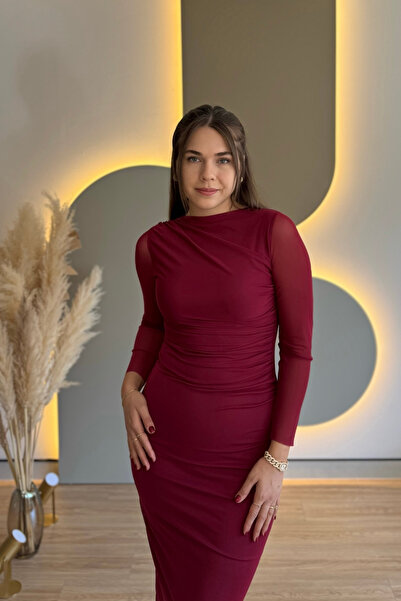 Aventien Drapeli Tül Zarif Bordo Midi Elbise