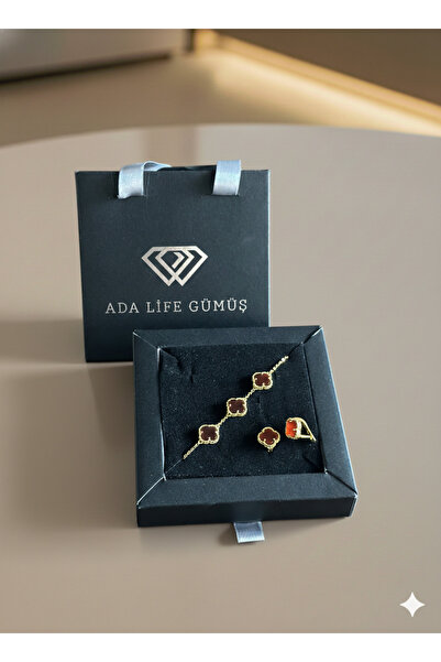ADA LİFE GÜMÜŞ (ÇANTALI KUTULU)925 Ayar Gümüş BORDO Taşlı 2 Li Yonca Set GOLD