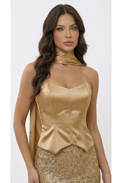 Lovely Dress Straplez Saten Büstiyerli Işıltılı Payet Detaylı Fularlı Mezuniy...