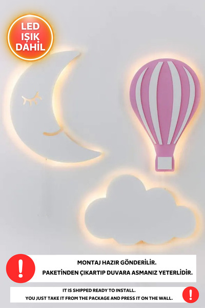 Dekorvin 3lü Set 1 Bulut 1 Ay 1 Balon Led Işıklı Çocuk Odası Gece Lambası Beb...