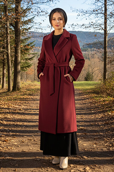 Lale Butik Women's Belt Detail Cashmere Coat 14334 Burgundy