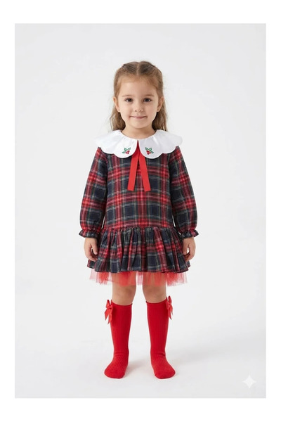 Mini Baray Girl's Red Plaid Dress with Socks Gift - Kokina Embroidered Tutu Outfit