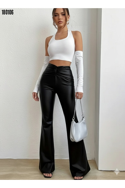 moda wanilia Kadın İspanyol Paça Deri Pantolon - Belden Büzgülü