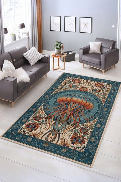 Realhomes Sanatsal Denizanası Motifli Bordürlü Halı | Kaymaz Taban Dekoratif ...