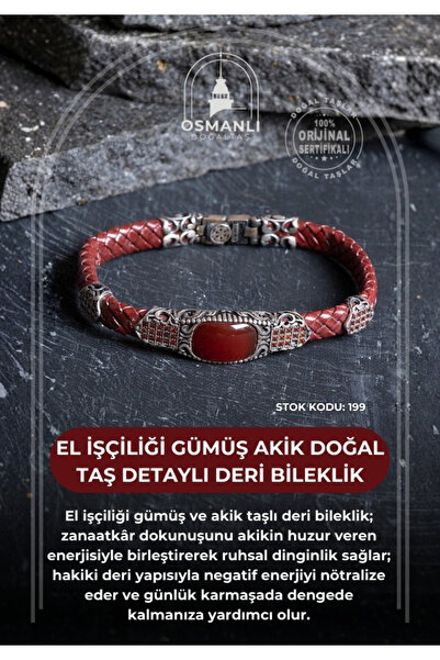 OSMANLI DOĞAL TAŞ Sertifikalı El İşçiliği Gümüş Akik Doğal Taş Detaylı Deri B...