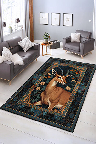 Realhomes Vintage Geyik Desenli Yıkanabilir Kaymaz Taban Dekoratif Salon Halısı
