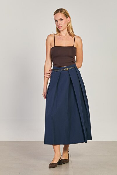 BARRELS AND OIL Women's Belted Long Skirt - Navy Blue