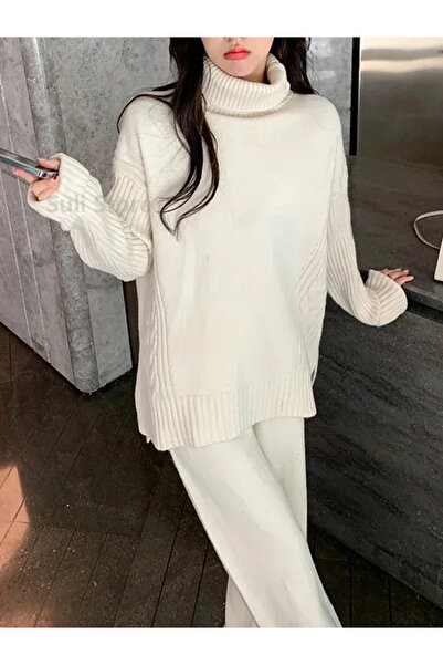 NEWCO Women's Corded Fabric Collar Hair Knitting Patterned Side Slit Knitwear...