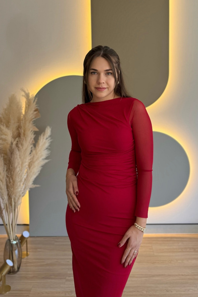 Aventien Draped Tulle Elegant Red Midi Dress