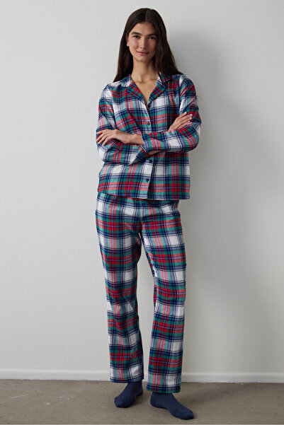 Penti Green Plaid Shirt Collar Long Sleeve Cotton Pajama Set
