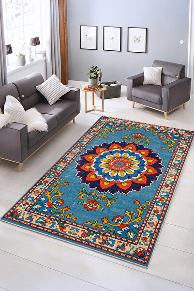 Realhomes Etnik Mandala Desenli Dijital Baskı Halı | Kaymaz Tabanlı Dekoratif...