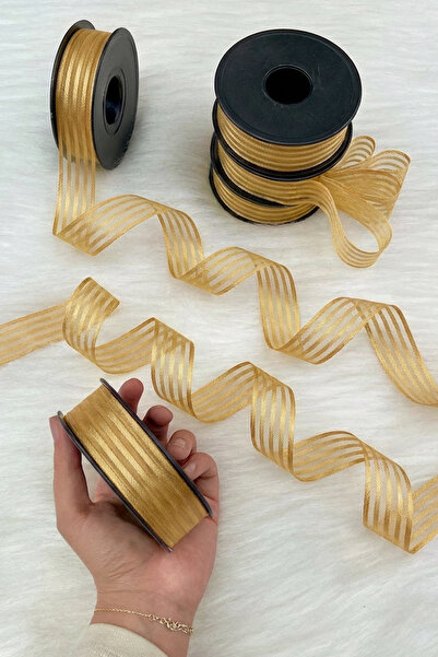 ZEYMERADE Gold Hilton Striped Chiffon Ribbon 2.5 cm 20 Meters, Bride, Groom, Bohça, Engagement, Dowry, Gift, Decoration