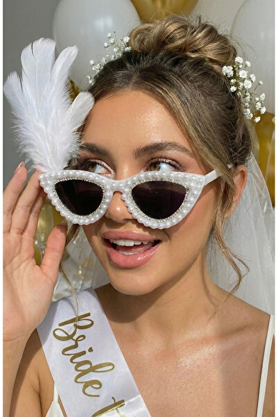 Happyline Cat Eye İncili Tüylü Gelin Gözlük, Bride Akım After Parti Düğün Kın...