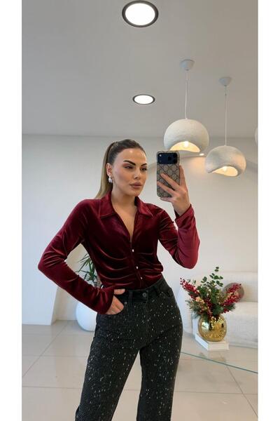 Şulenin Butiği TASARIM GÖĞÜS PİLELİ KADİFE BLUZ BORDO