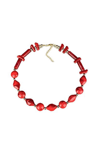 Jewelliss Red Patterned Beaded Gold Detail Women's Necklace 45 cm Trendy Colo...