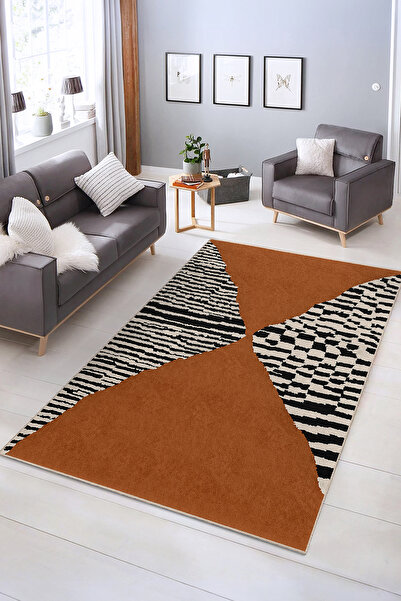 Realhomes Soyut Kahverengi ve Siyah Desenli Yıkanabilir Kaymaz Taban Salon Ha...