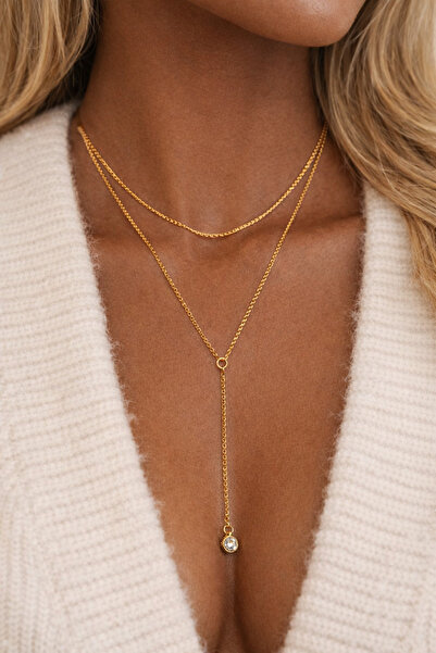 HERCY Altın Kaplama Zirkon Taşlı Uzun Dekolte Kolye | Gold Y Kolye