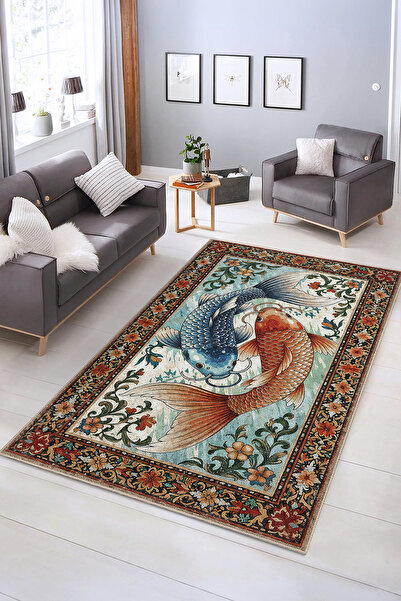 Realhomes Renkli Koi Balığı Desenli Yıkanabilir Kaymaz Taban Salon Halısı