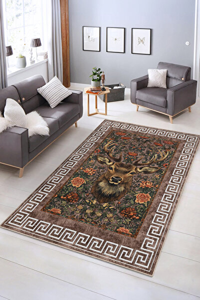Realhomes Şık Geyik ve Çiçek Desenli Yıkanabilir Kaymaz Taban Salon Halısı