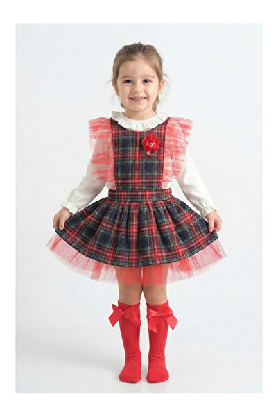 Mini Baray Κοριτσίστικο Κόκκινο Καρό Με σχέδιο Με λεπτομέρεια από τούλι Φόρεμ...