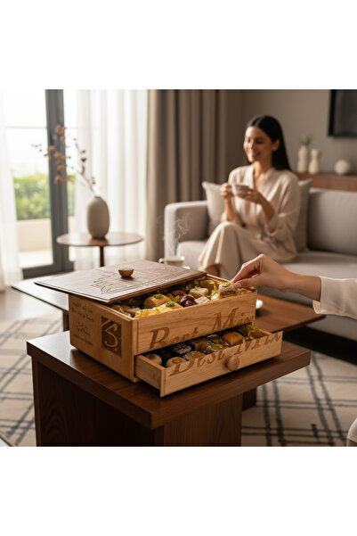 wood mix Premium Wooden Double-Layer Sweets & Dates Box – Custom Engraved Hospitality Tray