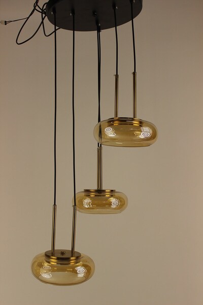 GN GEN AYDINLATMA Lüks Gold Detaylı Bal Rengi Camlı 3'lü Sarkıt Modern Halka ...