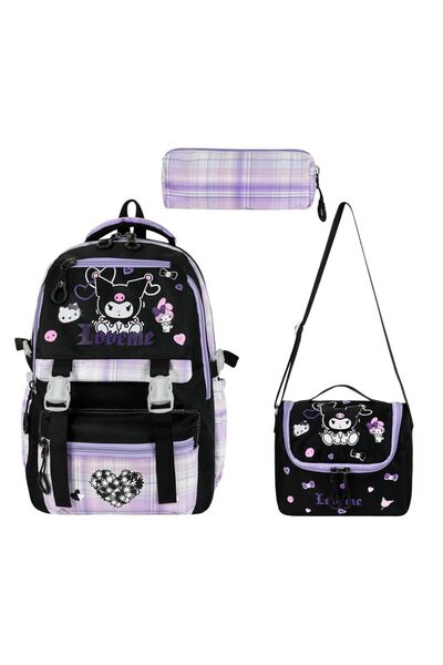 Meryem Çanta Kore Tarzı Kuromi Baskılı 3'lü Set Termal Beslenme Ve Kalemlik K...