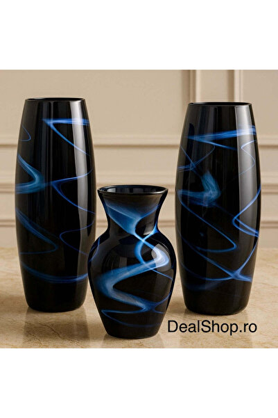 dealshopromania Set de 3 vaze decorative din sticlă, negre cu accente albastre, design modern pentru flori și decor interior