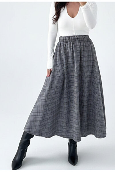 Chamakh Fusta lungă cu model în carouri pentru femei, gri