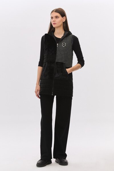 DAIDO Kapüşonlu Kürk Kanguru Cepli Uzun Yelek