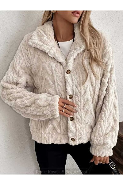 ÇEÇEN HOME Kadın Yumuşak Uzun Kollu Peluş Ceket Düğmeli Peluş Hırka Kadife Ör...