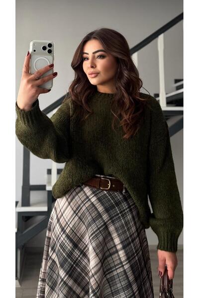 Oslove Khaki Thick Knitted Crew Neck Sweater