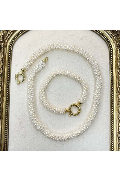 Dotamineral Örme Kum İnci 925 Ayar Gümüş Kadın Kolye Bileklik Set 5 mm