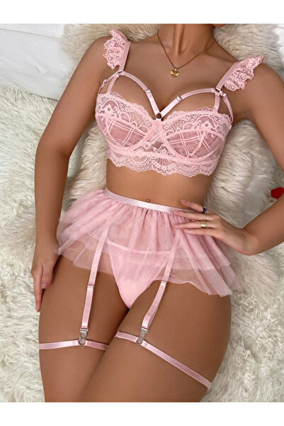 Nawaeem Lingerie طقم لانجري مطرز بالدانتيل الوردي مع تنورة توتو وحزام جوارب - 3 قطع ملابس نوم مثيرة للنساء