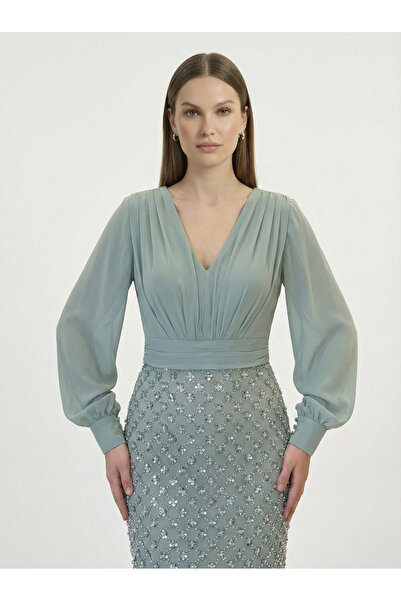 MİLLA Şifon & Payet Detaylı Uzun Abiye Elbise – Mint Yeşili