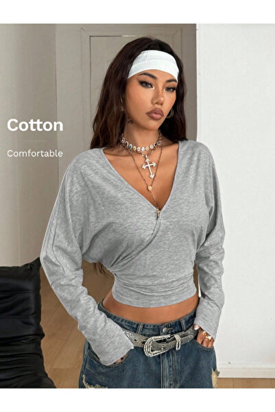 Tarz Cool Women's Gray Double-Breasted Collar Long Sleeve Crop Blouse