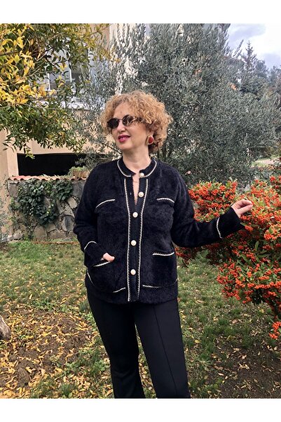 Gözde Tasarım Butik Women's Black Color Pearl Buttoned Bearded Knitted Pocketed Jacket Cardigan