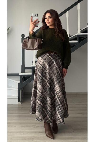 Oslove Khaki-black-beige checkered belted skirt