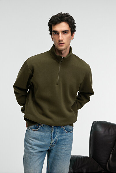 GRIMELANGE BAXTER Erkek Dik Yakalı Fermuarlı Relaxed Koyu Haki Sweatshirt