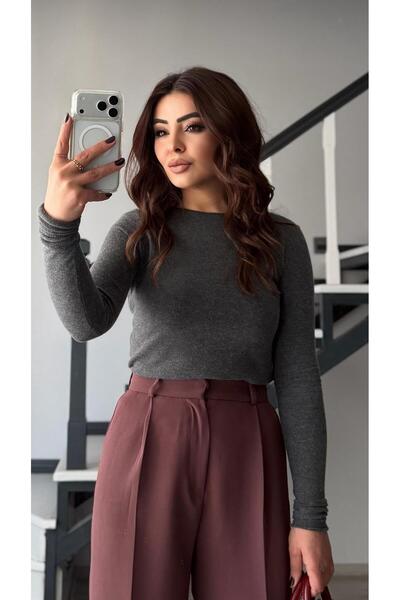 Oslove Smoked Melange Boat Neck Cashmere Blouse