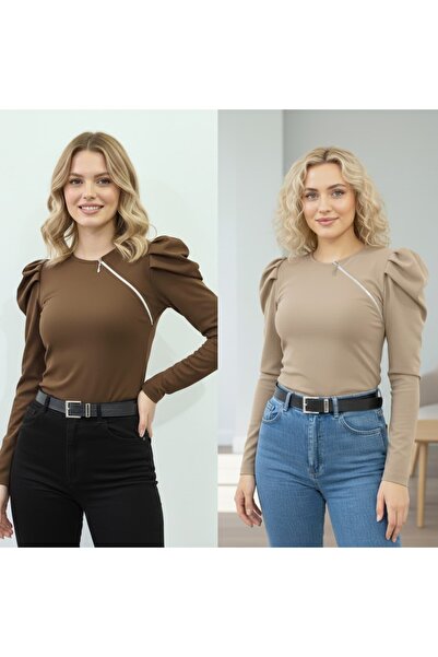 Moda Lounge Πλεονεκτική συσκευασία 2 τεμαχίων καφέ & μπεζ μπλούζα με λεπτομέρ...