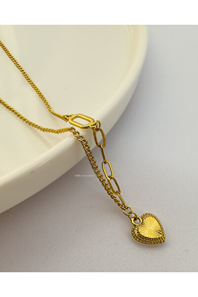 Samu Accessories Asymmetrical Chain Steel Necklace - Golden Radiant Heart