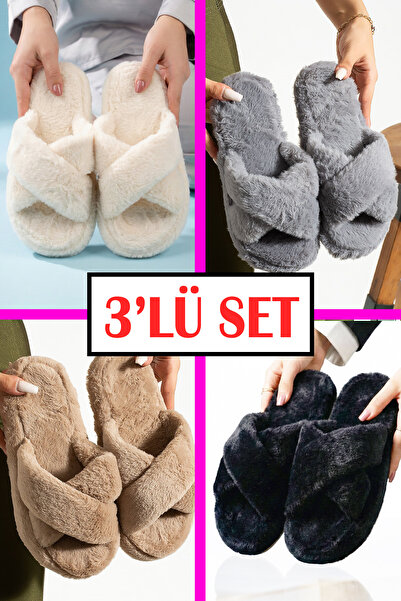 StWenn Set of 3 Fluffy Plush Cross-Strapped Women's House Slippers Winter Soft House Slippers Noiseless Sole
