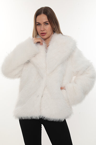 izellas Neve Luxe Oversize Suni Beyaz Kürk Ceket