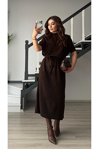 Oslove Bitter brown Mock Neck belted Corded Fabric knitted dress